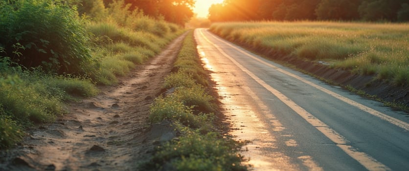 A long road with grass and trees in the background photo