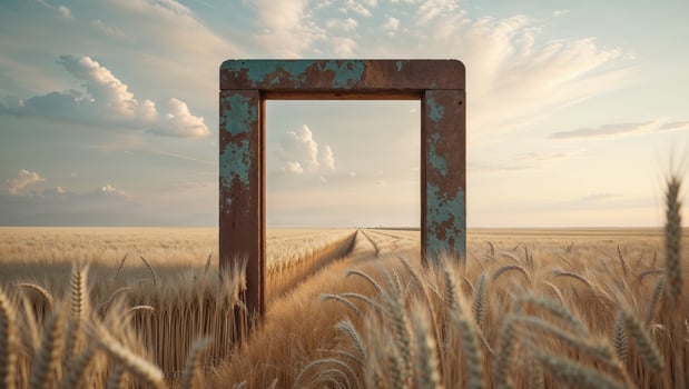 An open door in a field of wheat photo