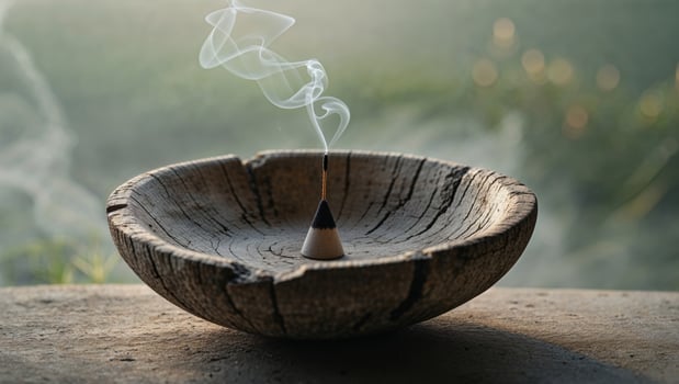 An incense stick is sitting in a bowl of smoke photo