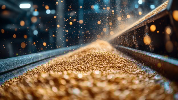Golden grains flow smoothly along the conveyor belt in a manufacturing facility, showcasing the automation of the processing operations and efficiency in production. photo