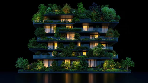 Modern Eco Friendly Apartment Building at Night with Lush Greenery on Balconies photo