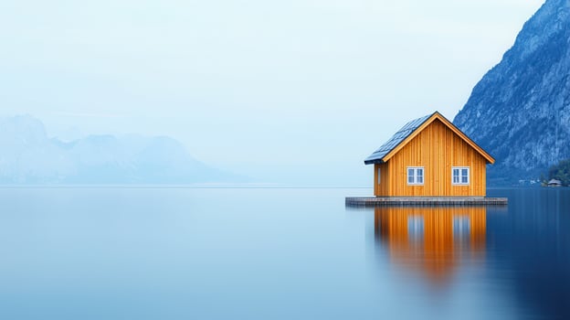 Tranquil Lakeside Cabin with Mountain View Solar Panels Calm Water Reflection photo