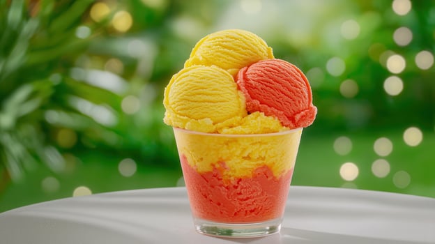 Delicious Mango and Strawberry Ice Cream Scoops in a Glass Summer Treat photo