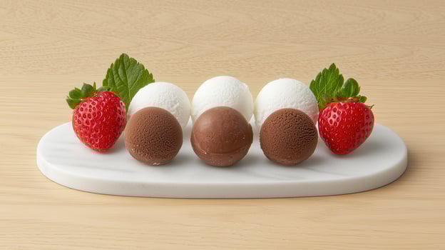 Delicious Chocolate and Vanilla Ice Cream Balls with Fresh Strawberries on Marble photo