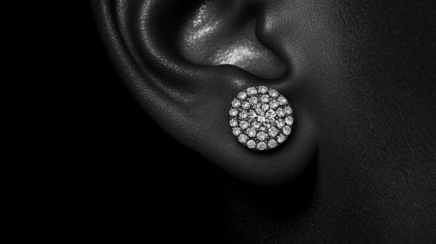 Elegant diamond earrings enhance the beauty of an ear in a close up view showcasing sophisticated jewelry craftsmanship photo