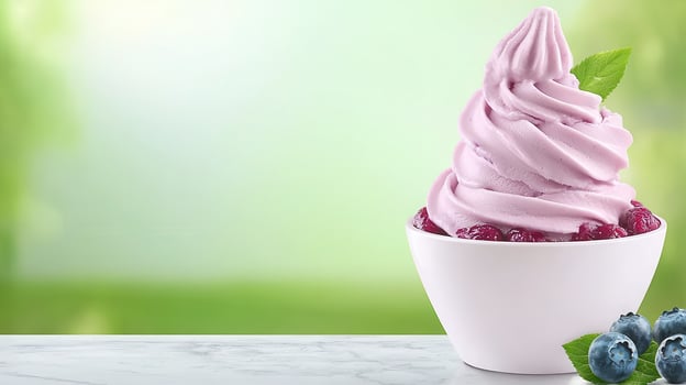 Delicious Frozen Yogurt with Raspberries and Blueberries Summer Dessert photo