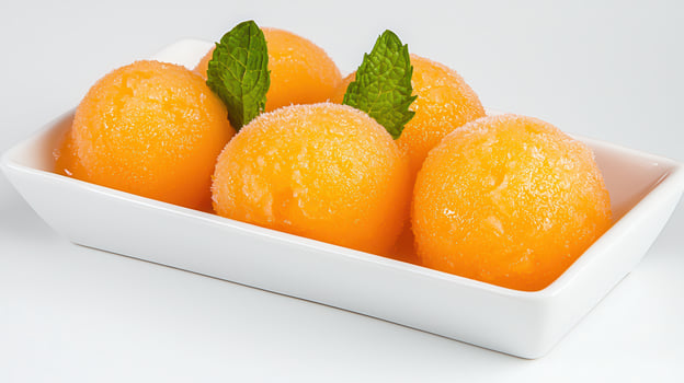Delicious Frozen Cantaloupe Balls in White Dish Garnish with Mint photo