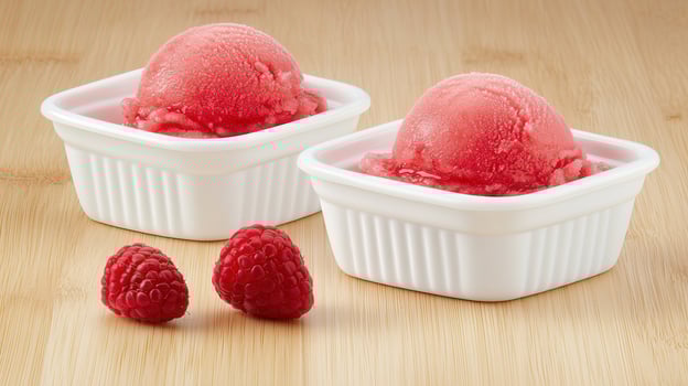 Delicious Raspberry Sorbet in White Bowls with Fresh Raspberries on Wooden Surface photo