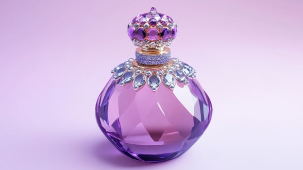 Luxurious purple perfume bottle with elegant decoration on a soft pastel background photo
