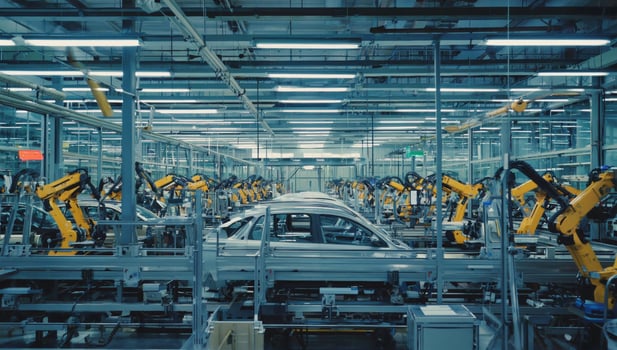 Manufacturing assembly line features robotic arms working on car production in a modern facility photo