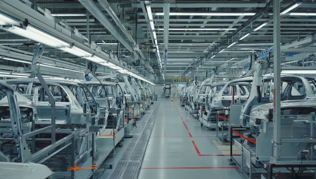 Car assembly line showcasing worker efficiency in a modern manufacturing facility during daylight hours photo