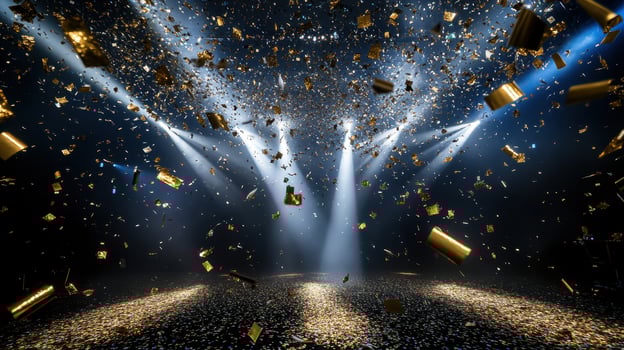 Golden confetti falling onto a brightly achievement stage, creating a celebratory atmosphere of success and lit background photo