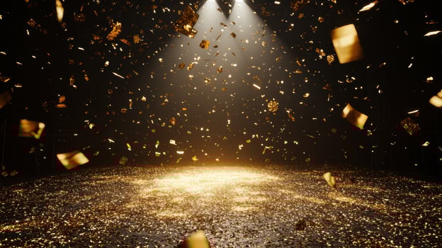 Golden confetti falling onto lit brightly a stage, creating a celebratory atmosphere of success and achievement background photo