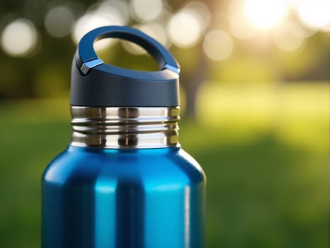 A blue water bottle with a black handle on a green field photo