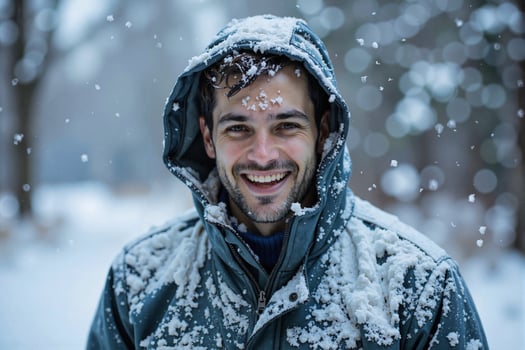 A man is smiling in the snow while wearing a jacket photo