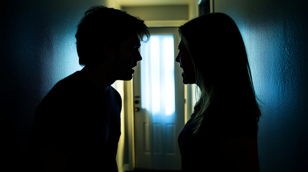 Tense confrontation between a couple in a dimly lit hallway, showcasing emotional intensity and conflict, highlighting relationship struggles concept photo