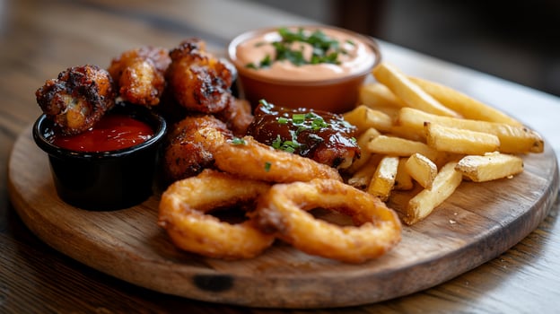 A wooden plate topped with fried food photo