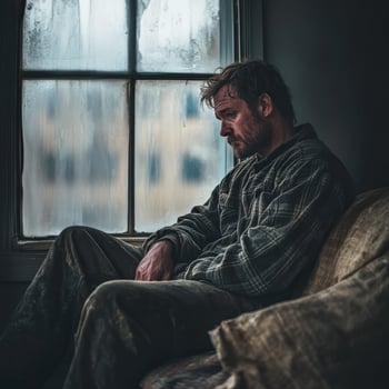 Man sitting alone by window reflecting on feelings of depression photo