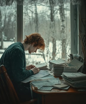 Man sitting by window reflecting on letters and emotions in winter photo
