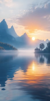 Majestic sunrise over fog-covered mountains and serene lake photo