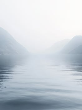Misty landscape with calm water reflecting mountains in fog photo