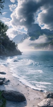 Misty shoreline view reveals captivating mountainside landscape photo