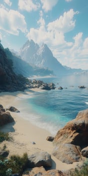 Fog rolling over tranquil beach with mountains in the distance photo