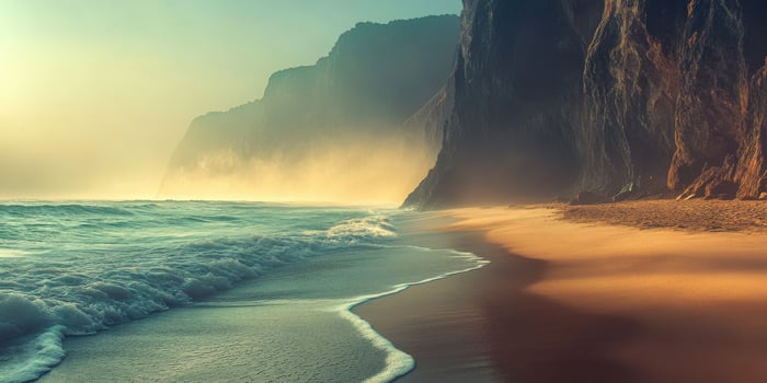 Misty waves meeting coastal cliffs at dawn in tranquil nature photo