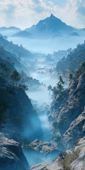 Fog envelops a serene canyon landscape at dawn photo