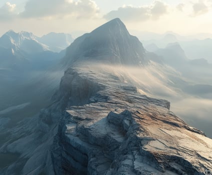 Misty mountain peak surrounded by hazy valleys at sunrise photo