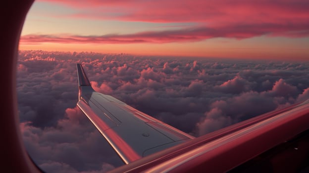 Aerial view of a wing and clouds at sunset photo