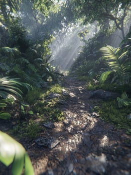 Exploring a misty path through lush green nature photo