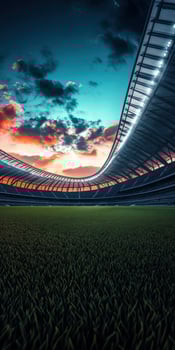 Stadium view at twilight with vibrant clouds and bright lights photo