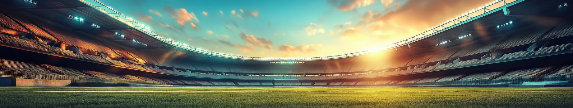 Stadium view at sunset with field and empty stands photo