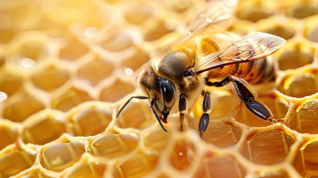 Honeybee on Honeycomb. Symbol of Raw Organic Honey for Premium Food Branding Design photo