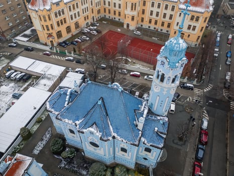 Blue Church of St. Elisabeth displaying its magnificent architecture in Bratislava Aerial view photo