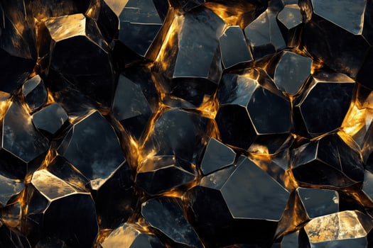 Seamless Gold Obsidian textured surface made of dark, glossy stones with golden highlights. The stones are irregularly shaped, creating a striking contrast between the dark and light areas. photo