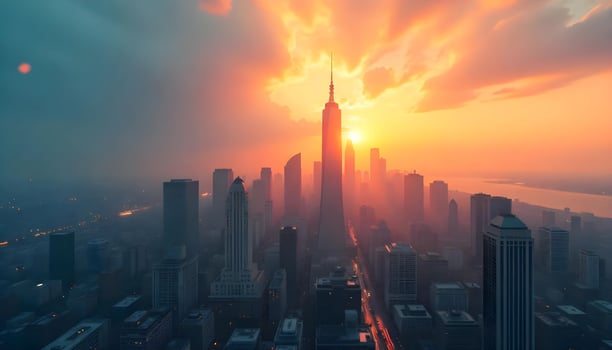 Stunning futuristic city skyline at sunset with glowing skyscrapers and dramatic clouds in the background. A breathtaking futuristic city skyline at sunset with illuminated skyscrapers and dramatic stormy clouds above. photo