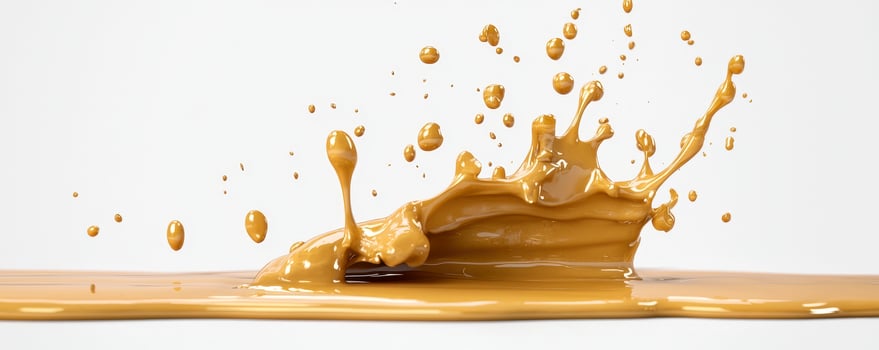Captivating Caramel Splash A High-Speed Liquid Capture Witness the mesmerizing moment of impact as thick, golden caramel collides, creating a dynamic splash frozen in time Perfect for illustrating photo