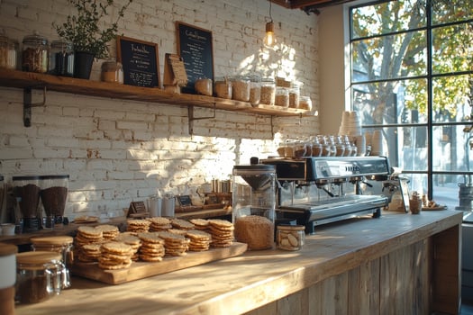 Discover the inviting ambiance of a sun-drenched cafe, a haven for coffee lovers and pastry enthusiasts alike This warm and cozy setting features rustic wooden counters adorned with freshly baked photo