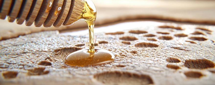 Golden Honey Drizzling Delightfully Capture the sweetness of pure honey being poured from a wooden dipper, creating a luscious puddle on a powdery surface This close-up shot highlights the texture photo