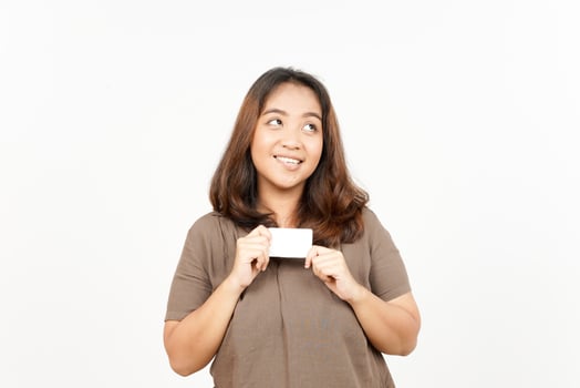 Asian woman holding a blank business card photo
