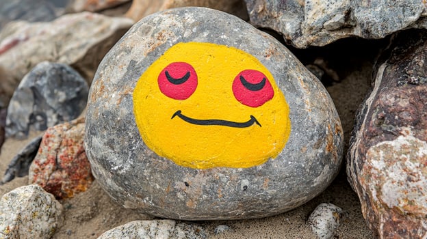 A painted rock featuring a happy face, surrounded by other stones, blending art with nature. photo