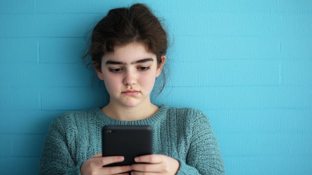 A young girl with curly hair is focused on her smartphone while leaning against a blue wall, reflecting a moment of engagement or contemplation. photo