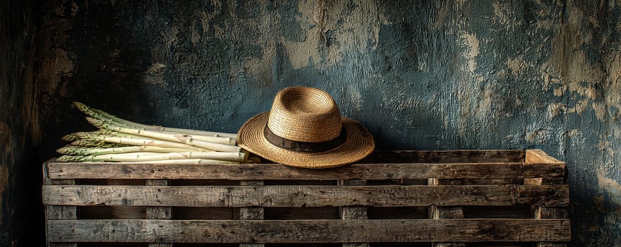 Rustic Still Life with Fedora Hat and Wheat Stalks on Wooden Crate Against Textured Wall, a vintage style and evocative imagery for backgrounds, product displays, artistic projects, and digital photo