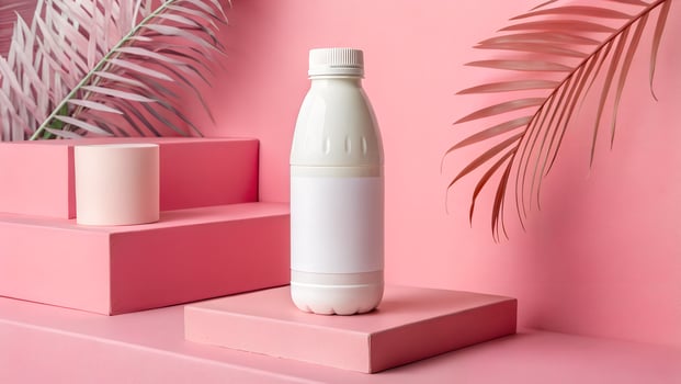 A blank white plastic bottle sits on a tiered set of light pink wooden steps against a wall of the same color. photo