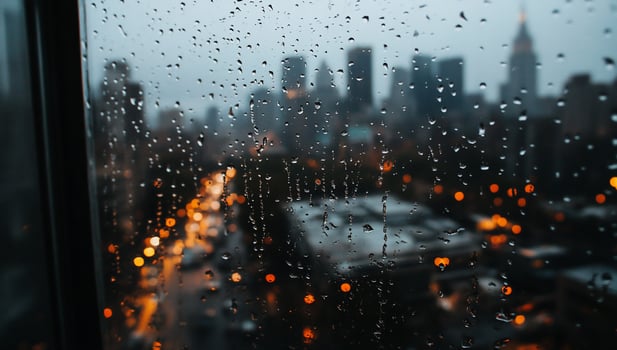 Rainy city view through window. City lights visible behind raindrops photo