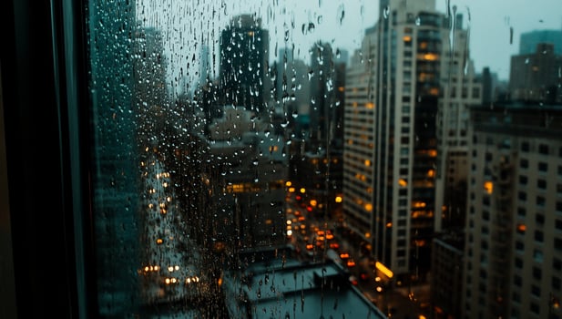 Rainy city view from a window. Urban cityscape seen through a window covered in raindrops. Evening or night time with city lights visible photo