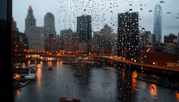 Rainy city view through a window. Urban cityscape seen through a window covered in raindrops. City lights reflect on water photo