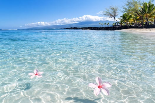 Pink hibiscus flowers floating on crystal clear water in a tropical beach in Hawaii photo